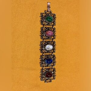 Vintage Unsigned Selro Selini Panel Link Bracelet Multicolor Cabochon